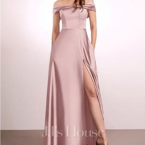 jjs house a-line off the shoulder floor length satin bridesmaid dress dusty rose